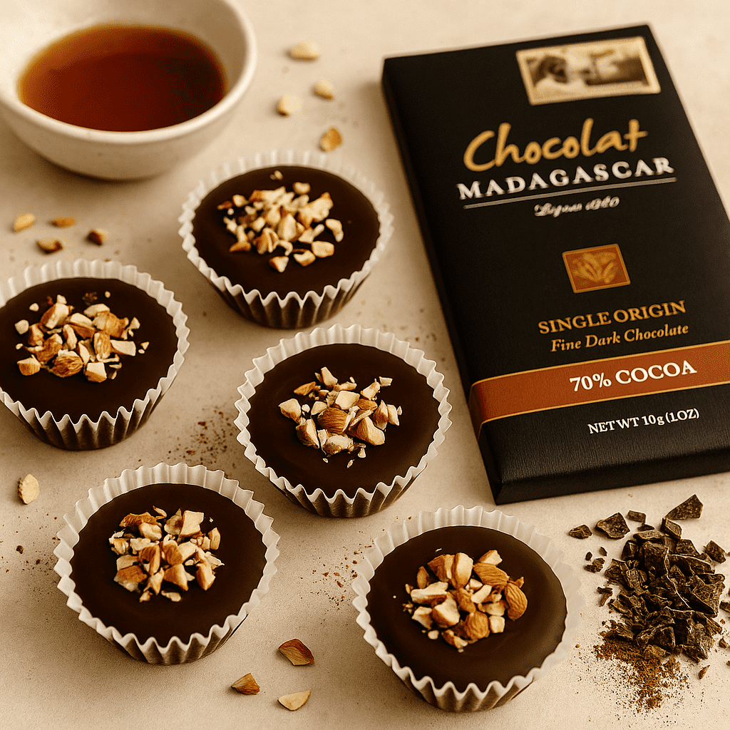 Five homemade chocolate cups made with Madagascar 70% dark chocolate, topped with chopped almonds and set on a light kitchen counter, with a bar of Chocolat Madagascar 70% cocoa chocolate and a stand mixer softly blurred in the background.